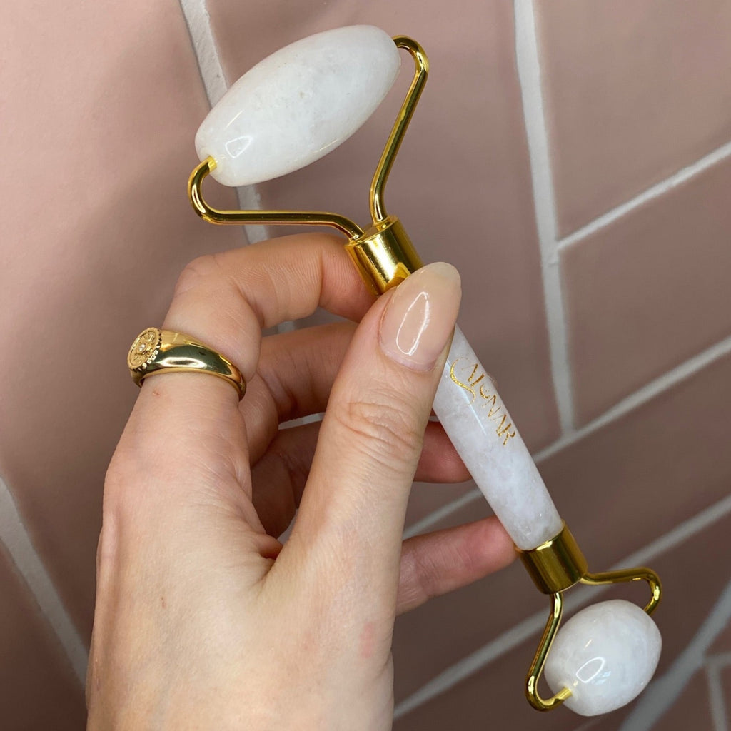 White Quartz Crystal Facial Massage Roller, Gold Metal